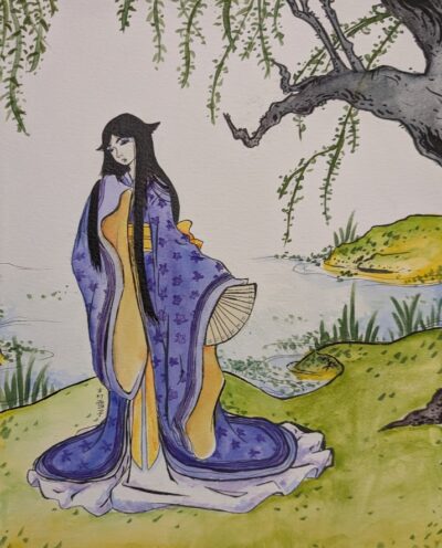Copic inks and watercolor |
A study of Japanese woodblock prints(ukiyo-e), using on-hand materials, such as watercolor and ink. An experimental piece that blends traditional woodblock-print palettes, with ink painting techniques (suibokuga).