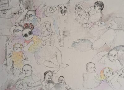 Ballpoint Pen and Watercolor |
A series of chronological drawings, observing the relationship between the artist's life and technology, from birth up to adulthood. The artist focused heavily on light sources throughout the series.
Featuring the artist’s parents, and her earliest introduction to technology.