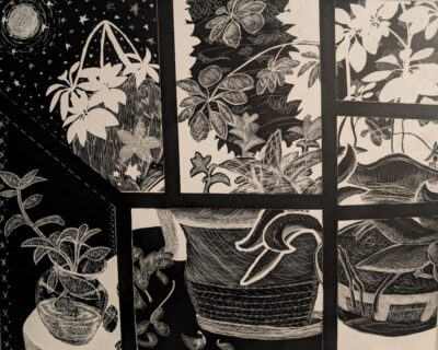 Scratchboard |
Multiple points of view depicting a still life, segmented together. Experimentation with perspective and medium creates stark contrast in a monochromatic palette.
