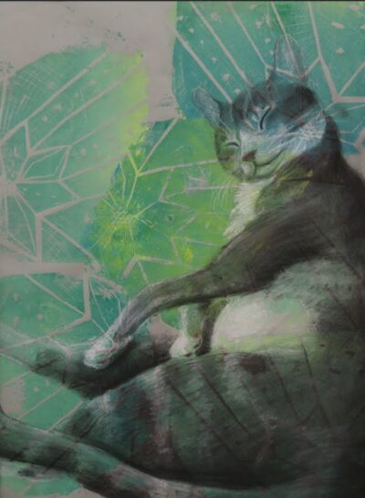 Charcoal on Linocut Prints |
Memorial portrait of the artist’s beloved cat Maxi, fat and happy before she passed at the age of 9.